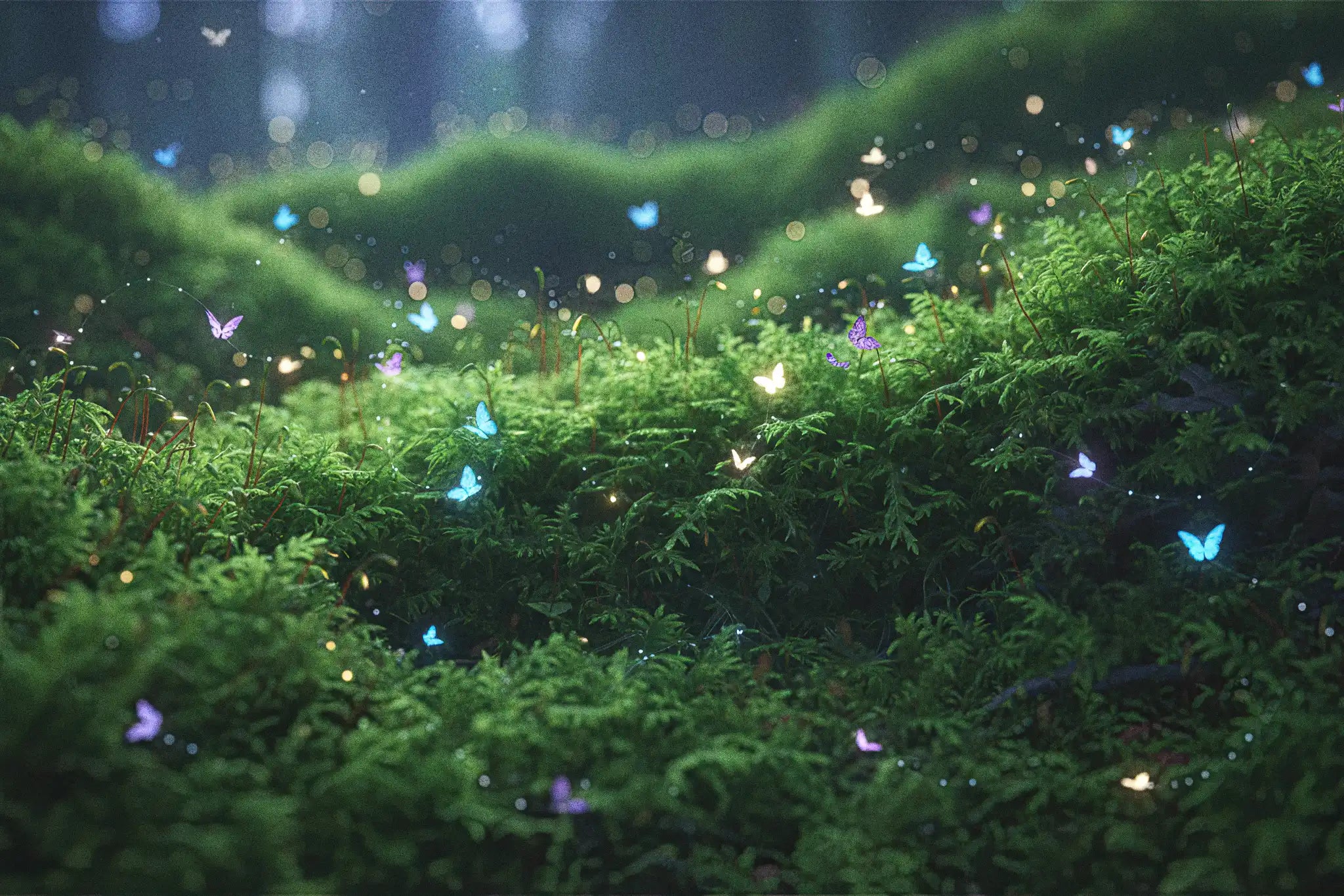 Bosque mágico con musgo y mariposas de colores brillantes y mágicas