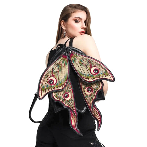Mochila con alas móviles en forma de polilla con bordado de alta densidad en colores otoñales modelo Metamorphosis de Restyle vista con modelo