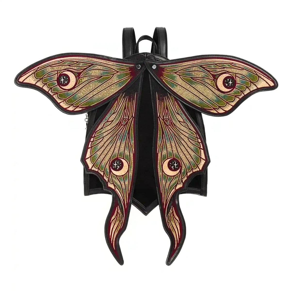Mochila con alas móviles en forma de polilla con bordado de alta densidad en colores otoñales modelo Metamorphosis de Restyle vista con alas abiertas frontal