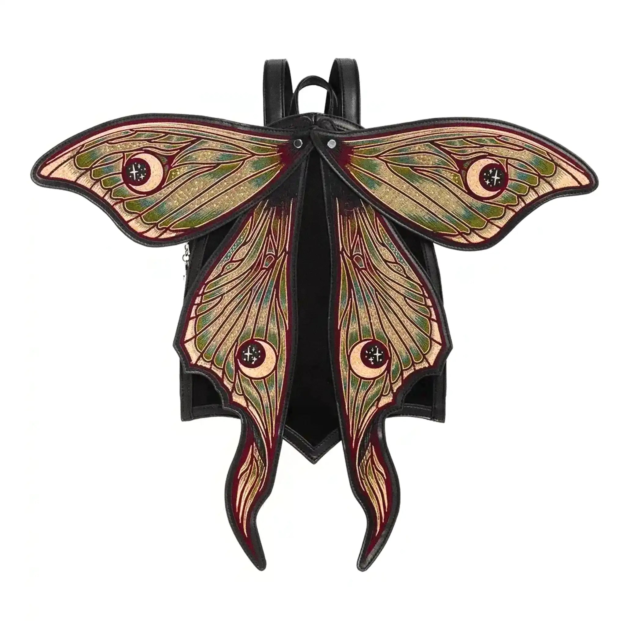 Mochila con alas móviles en forma de polilla con bordado de alta densidad en colores otoñales modelo Metamorphosis de Restyle vista con alas abiertas frontal