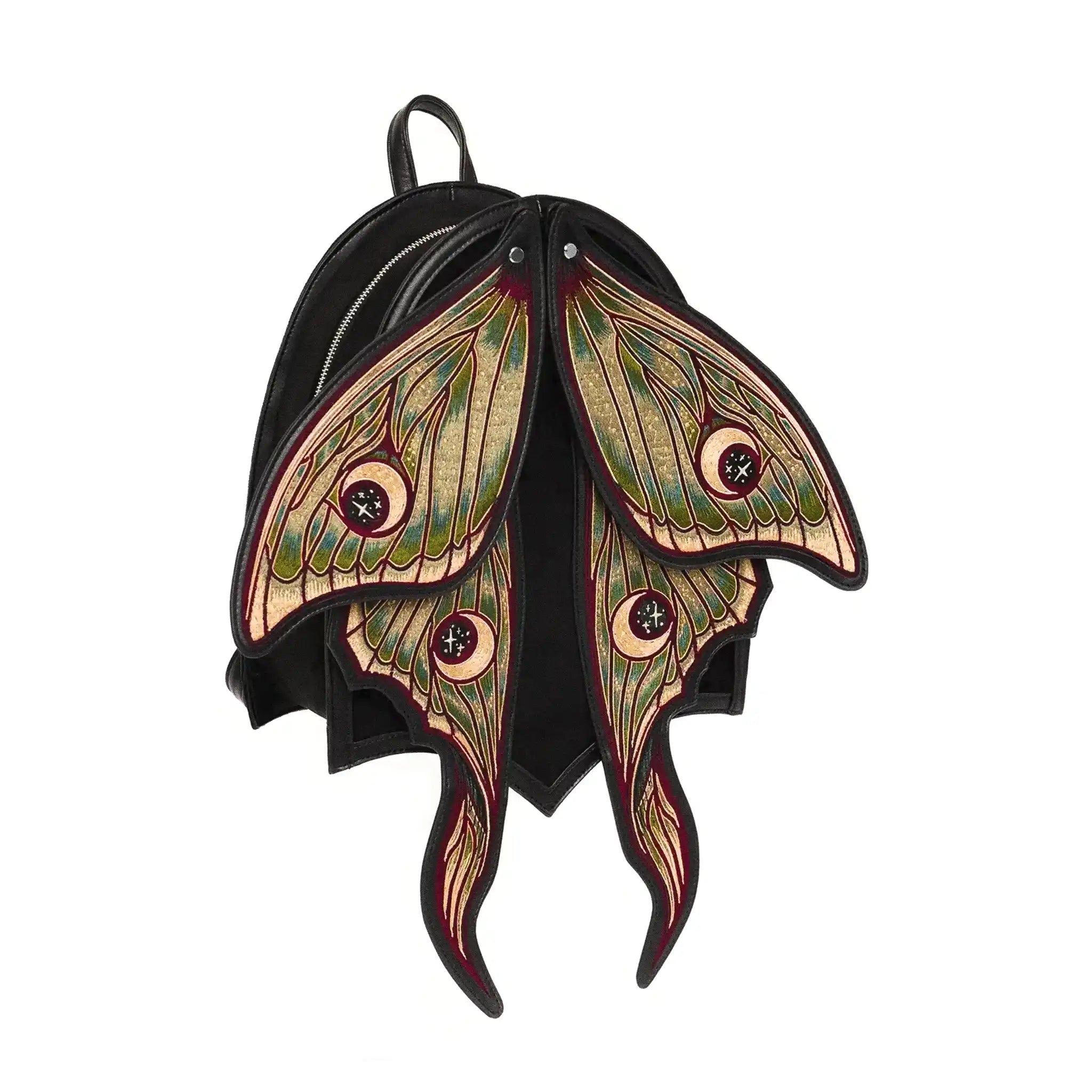 Mochila con alas móviles en forma de polilla con bordado de alta densidad en colores otoñales modelo Metamorphosis de Restyle vista ángulo