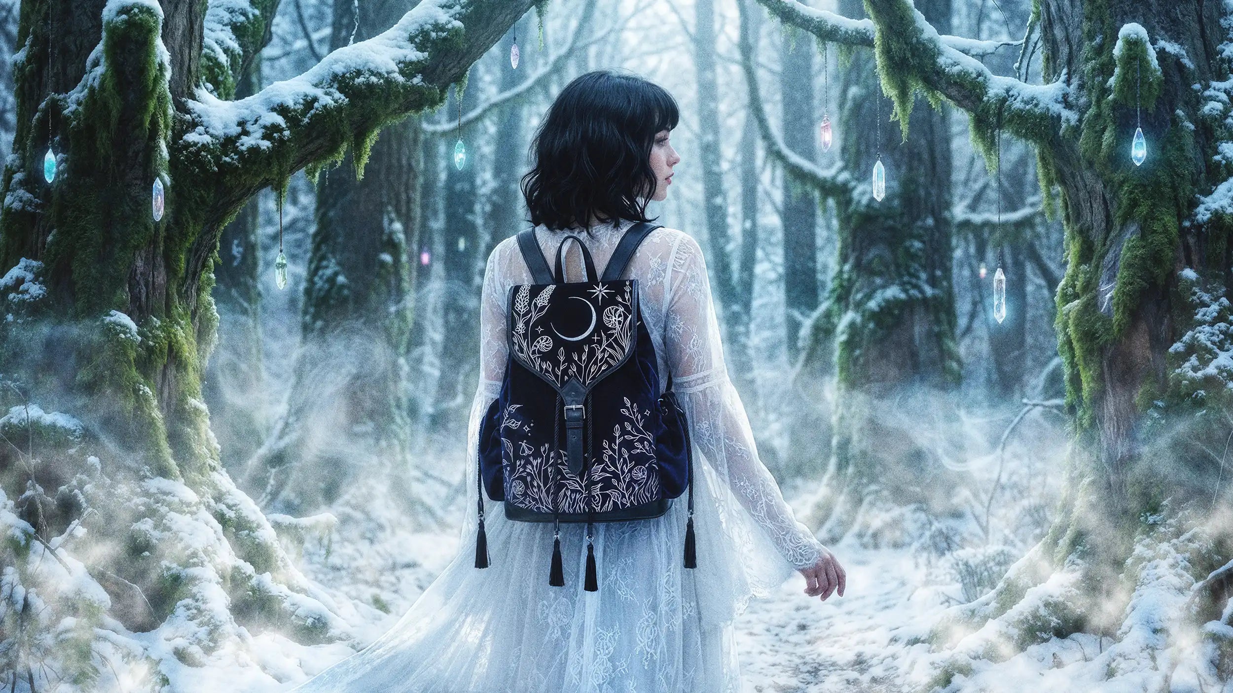 Midnight blue velvet backpack with white moon embroidery. Gothic cottagecore aesthetic in a snowy forest.