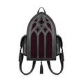 Mochila gótica rígida en forma de ventana ojival inspirado en las catedrales góticas con detalles en terciopelo burdeos y borlas decorativas modelo Rubrum Lux de Restyle vista frontal
