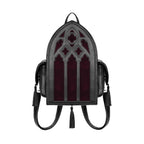 Mochila gótica rígida en forma de ventana ojival inspirado en las catedrales góticas con detalles en terciopelo burdeos y borlas decorativas modelo Rubrum Lux de Restyle vista frontal