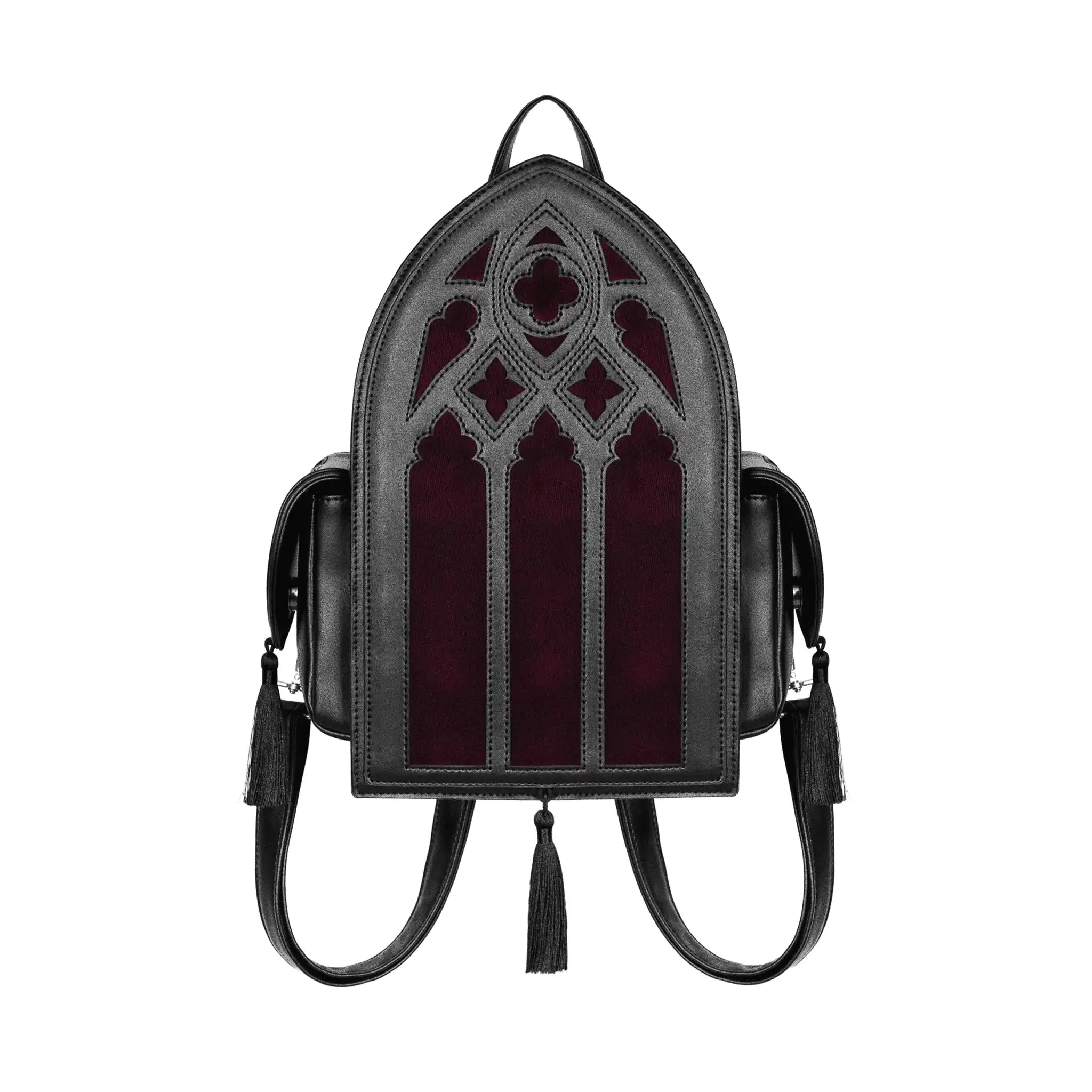 Mochila gótica rígida en forma de ventana ojival inspirado en las catedrales góticas con detalles en terciopelo burdeos y borlas decorativas modelo Rubrum Lux de Restyle vista frontal