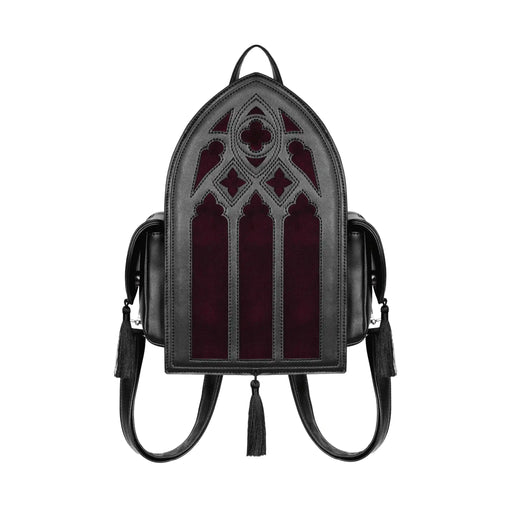 Mochila gótica rígida en forma de ventana ojival inspirado en las catedrales góticas con detalles en terciopelo burdeos y borlas decorativas modelo Rubrum Lux de Restyle vista frontal
