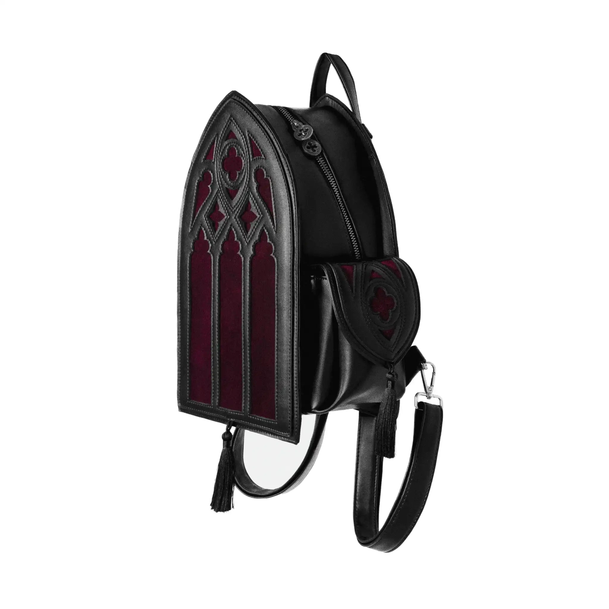 Mochila gótica rígida en forma de ventana ojival inspirado en las catedrales góticas con detalles en terciopelo burdeos y borlas decorativas modelo Rubrum Lux de Restyle vista ángulo