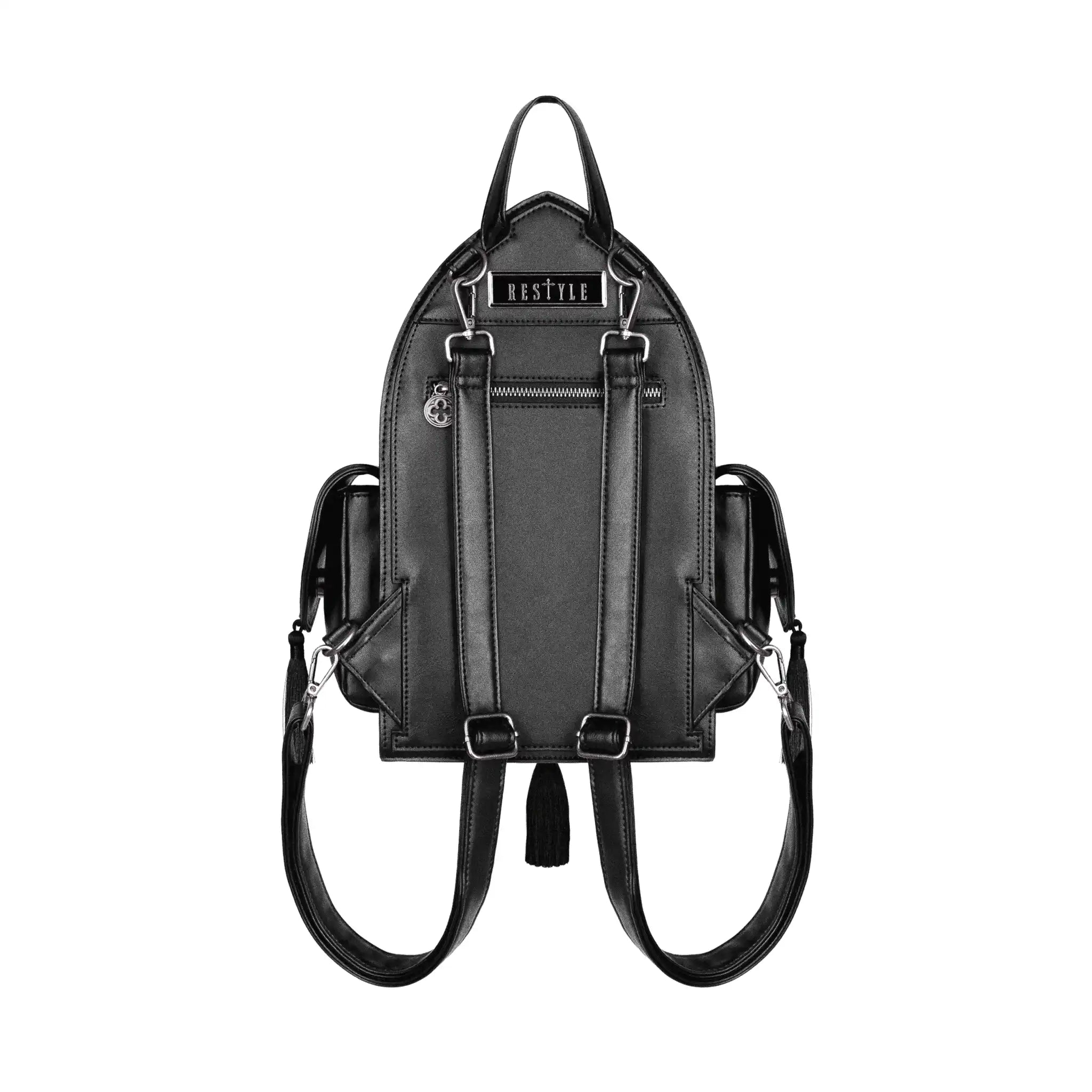 Mochila gótica rígida en forma de ventana ojival inspirado en las catedrales góticas con detalles en terciopelo burdeos y borlas decorativas modelo Rubrum Lux de Restyle vista posterior