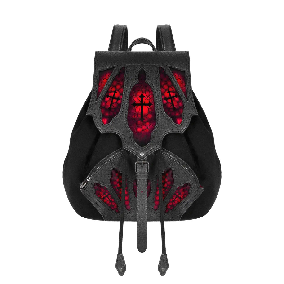 Mochila tipo saco en piel sintética y ante negros con detalles inspirados en los vitrales de las catedrales góticas en color rojo con cruces modelo Bloodveil de Restyle vista frontal