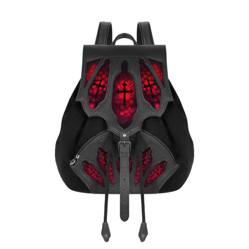 Mochila tipo saco en piel sintética y ante negros con detalles inspirados en los vitrales de las catedrales góticas en color rojo con cruces modelo Bloodveil de Restyle vista frontal