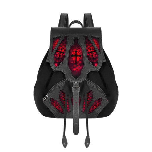 Mochila tipo saco en piel sintética y ante negros con detalles inspirados en los vitrales de las catedrales góticas en color rojo con cruces modelo Bloodveil de Restyle vista frontal