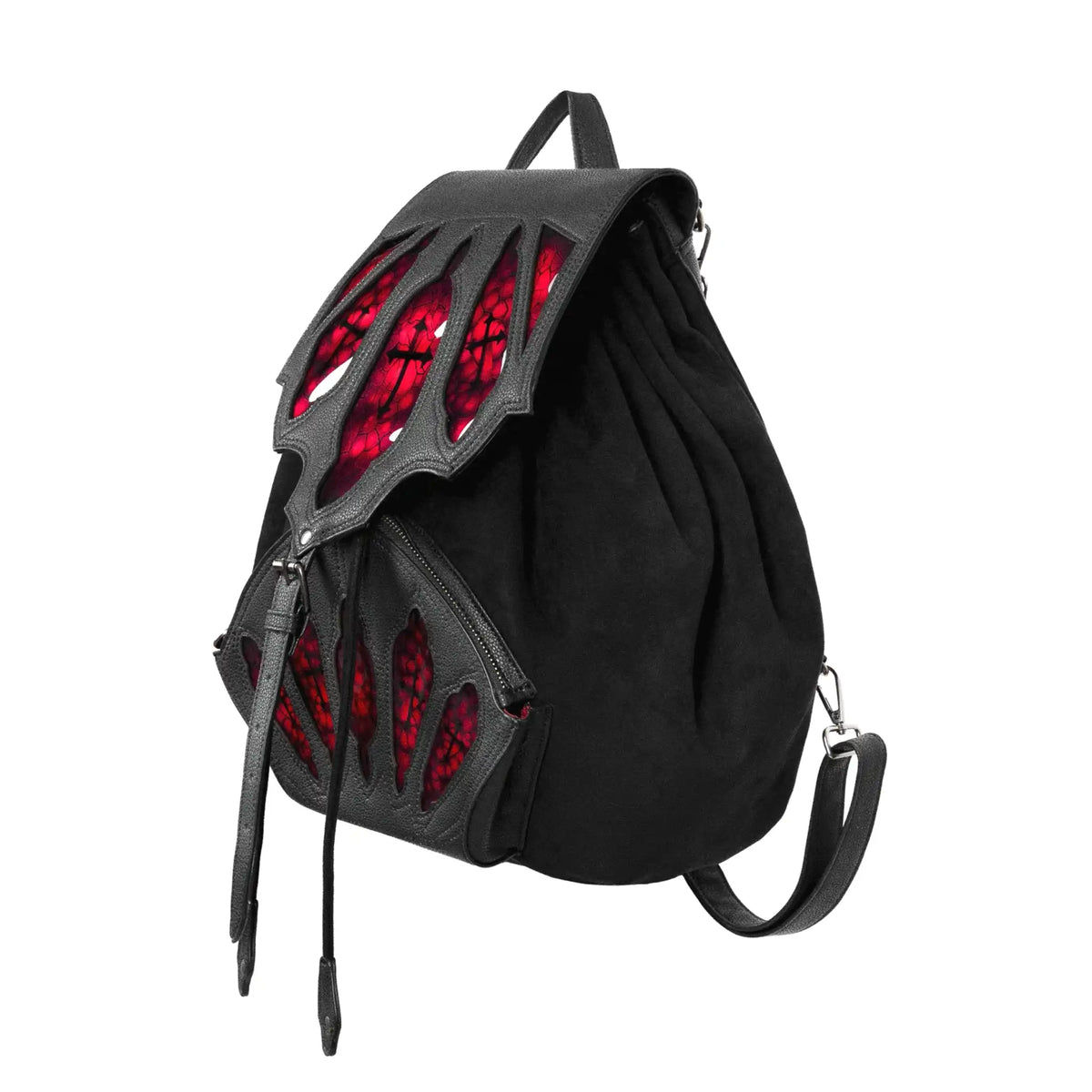Mochila tipo saco en piel sintética y ante negros con detalles inspirados en los vitrales de las catedrales góticas en color rojo con cruces modelo Bloodveil de Restyle vista ángulo
