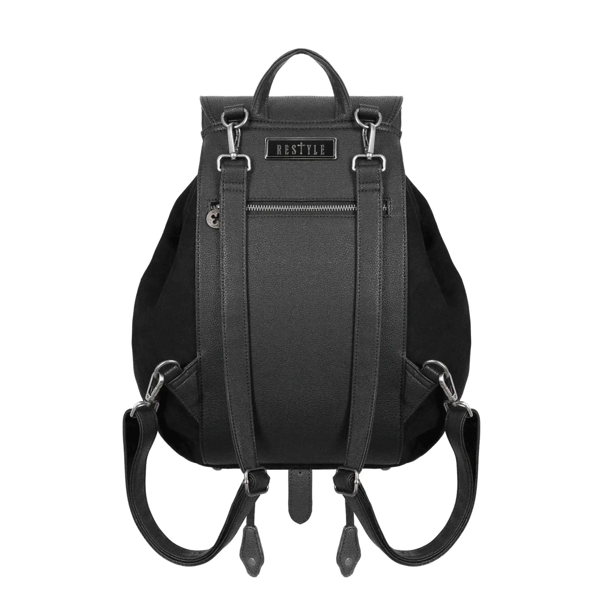 Mochila tipo saco en piel sintética y ante negros con detalles inspirados en los vitrales de las catedrales góticas en color rojo con cruces modelo Bloodveil de Restyle vista posterior