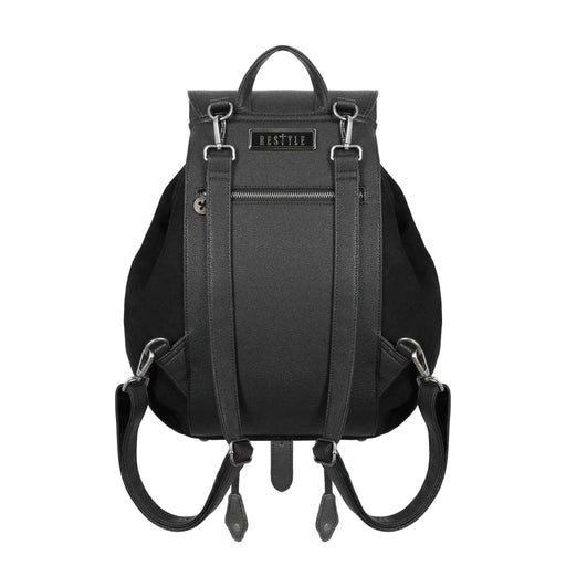 Mochila tipo saco en piel sintética y ante negros con detalles inspirados en los vitrales de las catedrales góticas en color rojo con cruces modelo Bloodveil de Restyle vista posterior