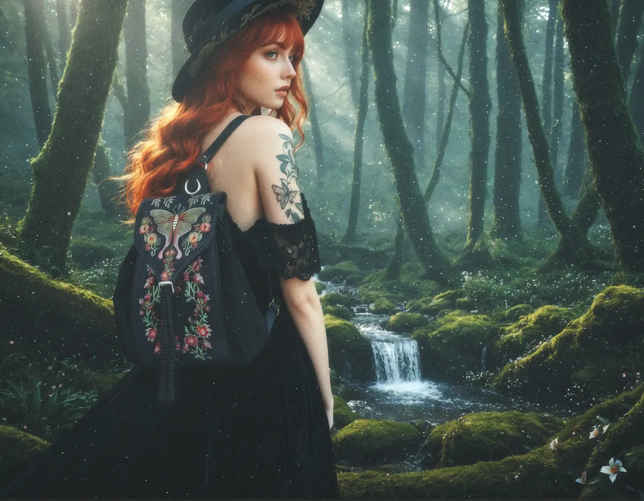 Modelo posando con la mochila Wilflower de Restyle en medio de un bosque mágico y una cascada