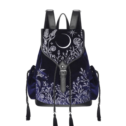 Mochila gótica estilo whimsigoth en tejido de terciopelo combinado con piel sintética con bordados en plateado de luna, flores y estrellas y borlas decorativas vista frontal