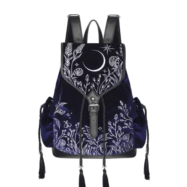 Mochila Moonlit Meadow terciopelo azul bordados celestiales