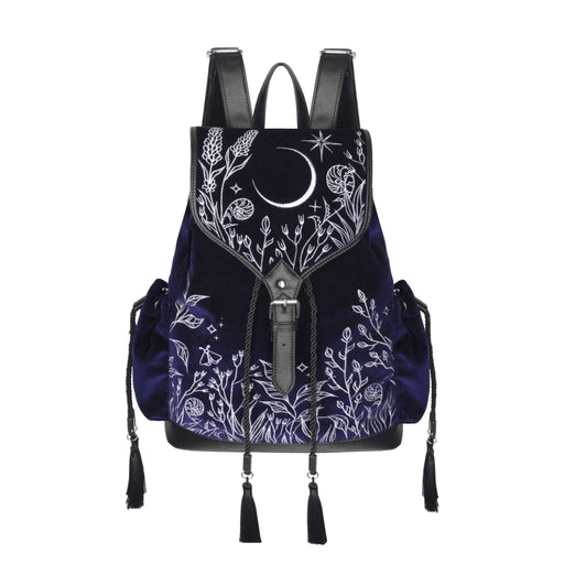 Mochila gótica estilo whimsigoth en tejido de terciopelo combinado con piel sintética con bordados en plateado de luna, flores y estrellas y borlas decorativas vista frontal completa