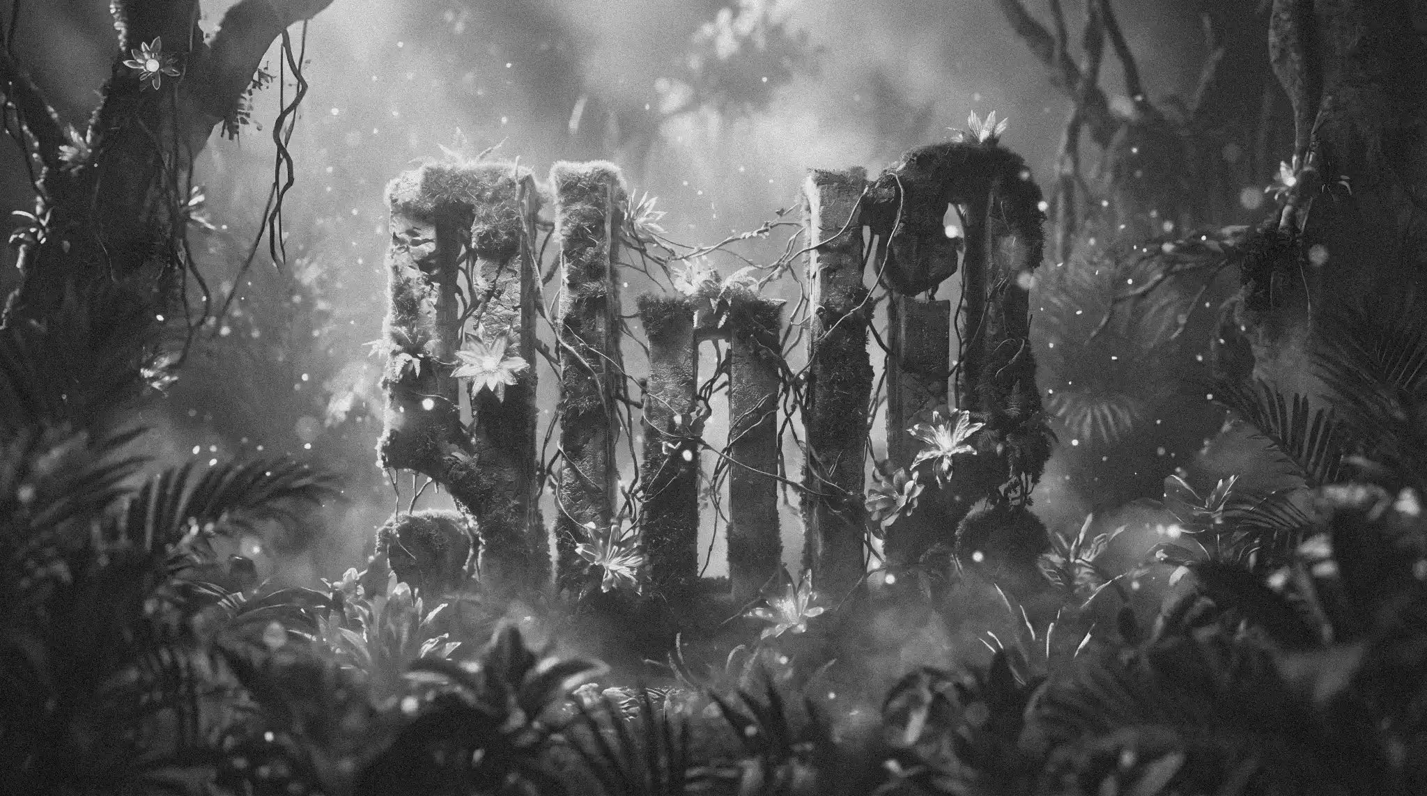 Three-dimensional moss-covered letters entwined with vines and small flowers in a misty jungle, cinematic black and white photography with bokeh light particles