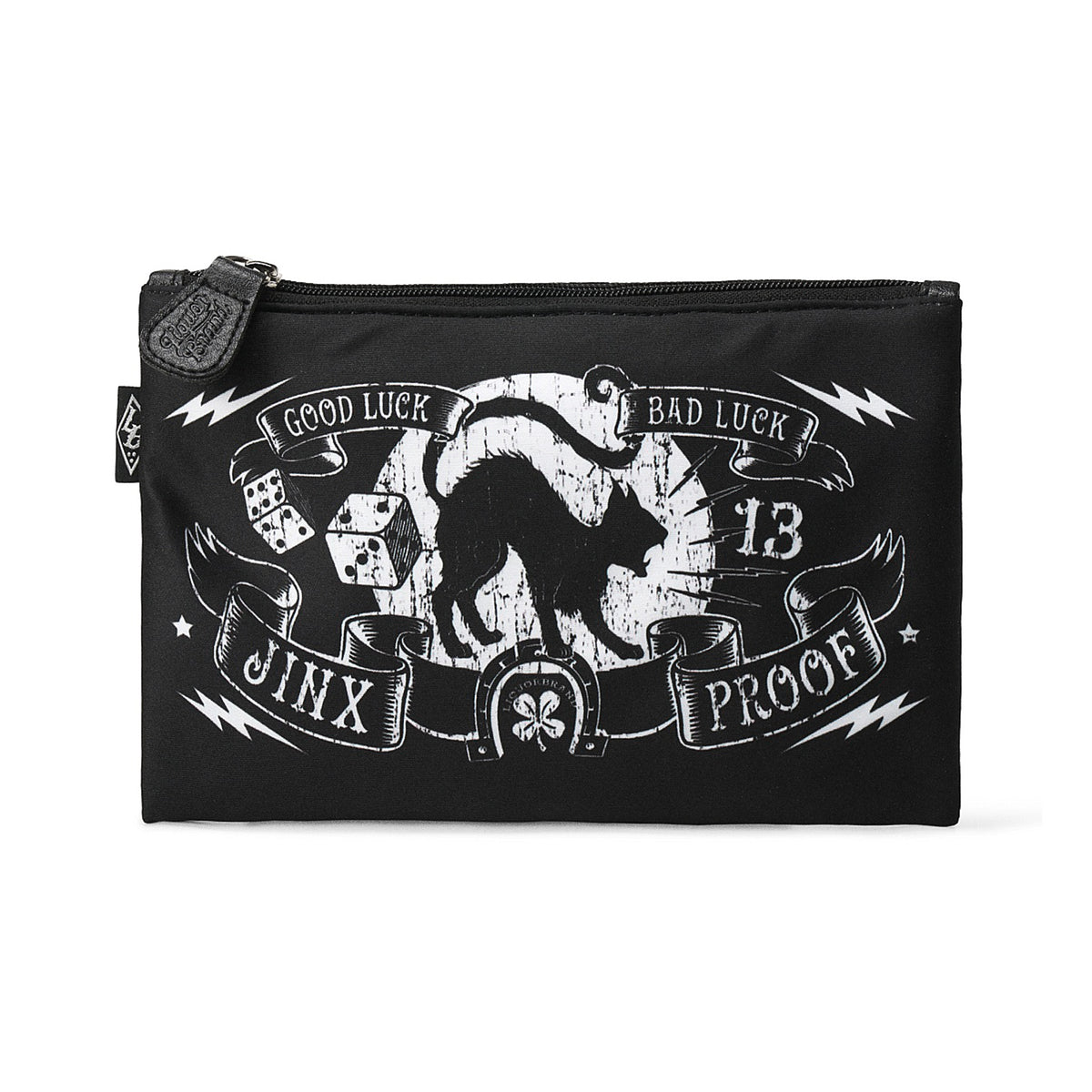 Neceser grande Liquorbrand Jinx Proof con diseño de gato negro y textos de suerte en blanco sobre fondo negro