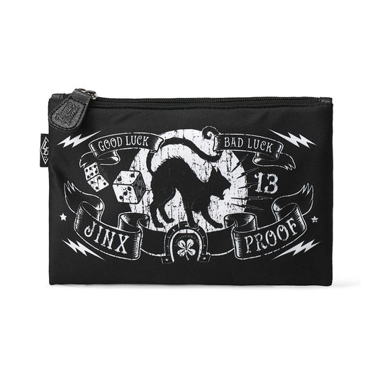 Neceser grande Liquorbrand Jinx Proof con diseño de gato negro y textos de suerte en blanco sobre fondo negro