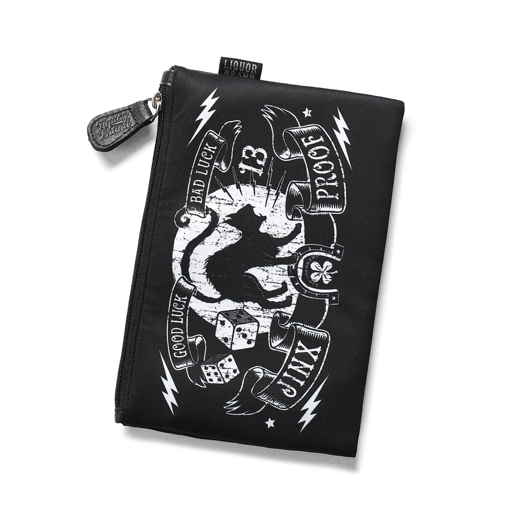  Liquorbrand Jinx Proof vertical makeup bag with black cat and tattoo symbols