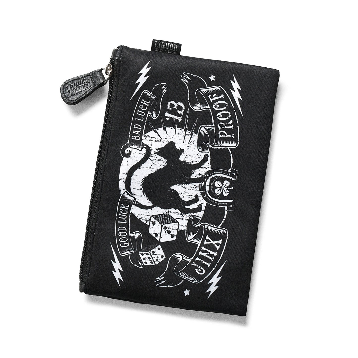 Neceser vertical Liquorbrand Jinx Proof con diseño de gato negro y símbolos tattoo para maquillaje y accesorios