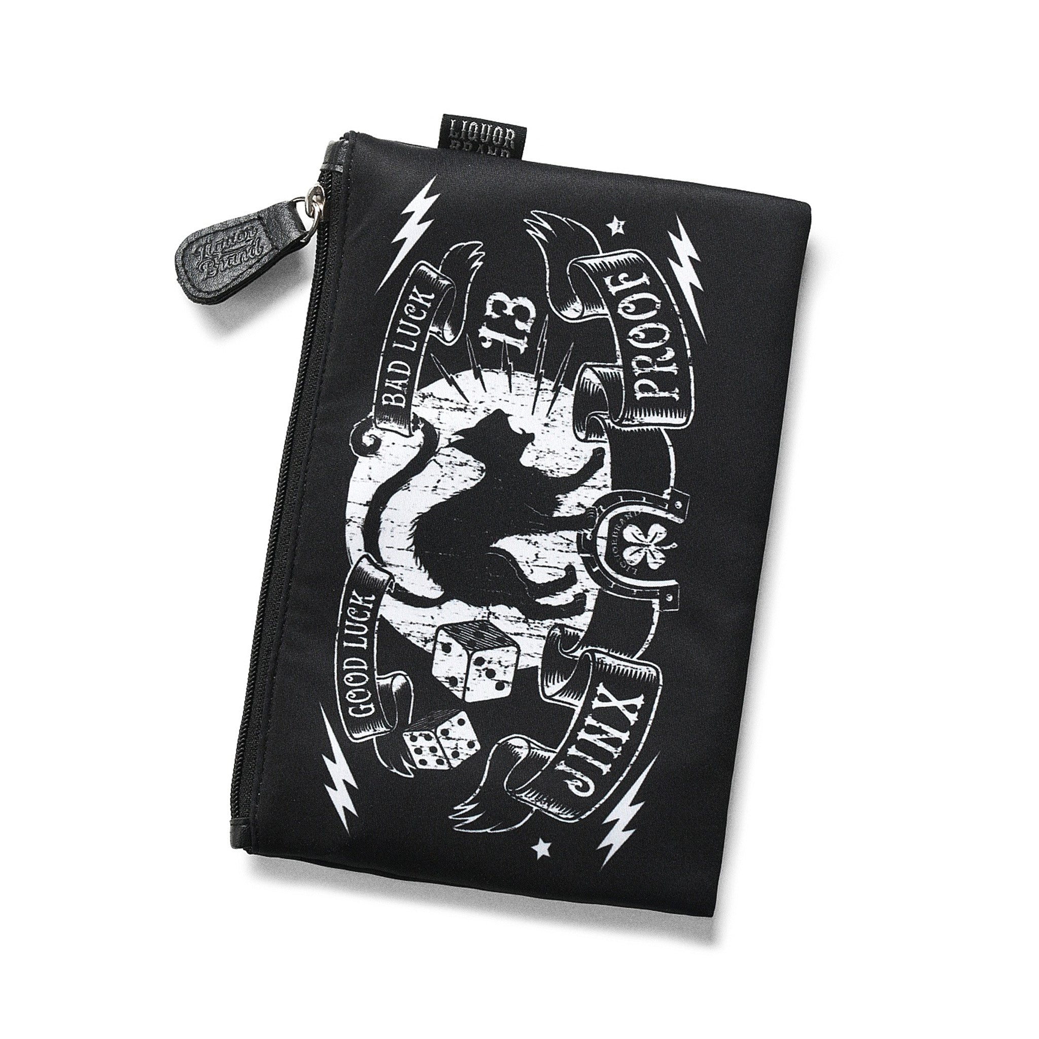 Liquorbrand Jinx Proof vertical makeup bag with black cat and tattoo symbols