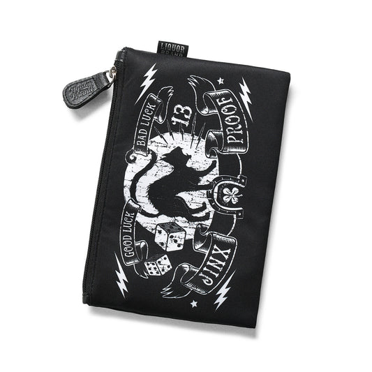 Neceser vertical Liquorbrand Jinx Proof con diseño de gato negro y símbolos tattoo para maquillaje y accesorios