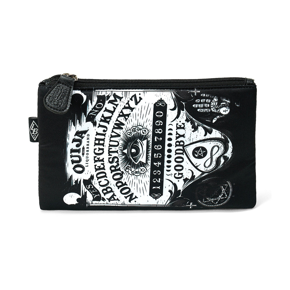 Neceser grande Liquorbrand con estampado de tablero Ouija en blanco y negro visto de frente