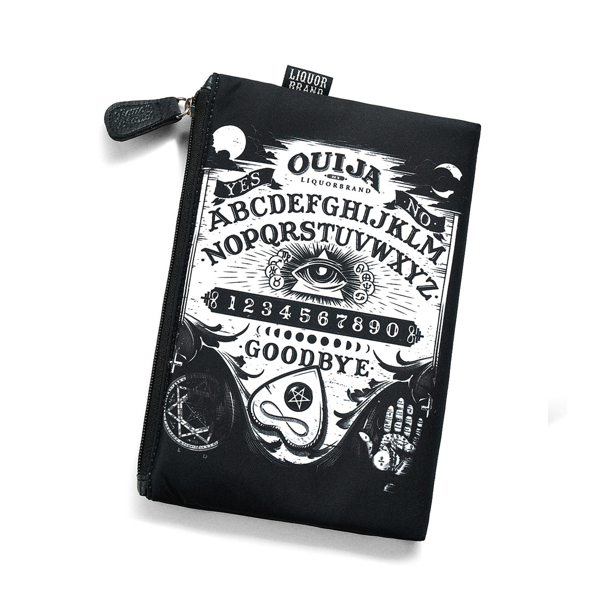 Neceser rectangular Liquorbrand con diseño gótico de tablero Ouija en posición vertical.
