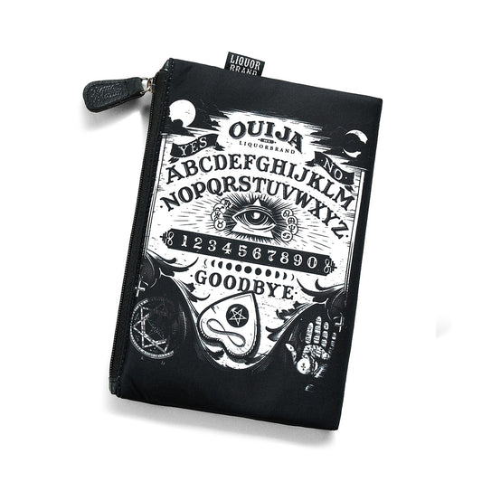 Neceser rectangular Liquorbrand con diseño gótico de tablero Ouija en posición vertical.