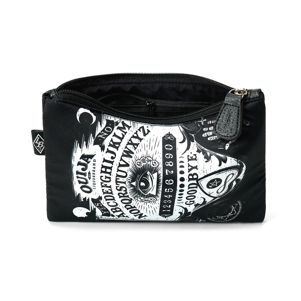  Liquorbrand Ouija makeup bag open - showing black lining and zip pocket
