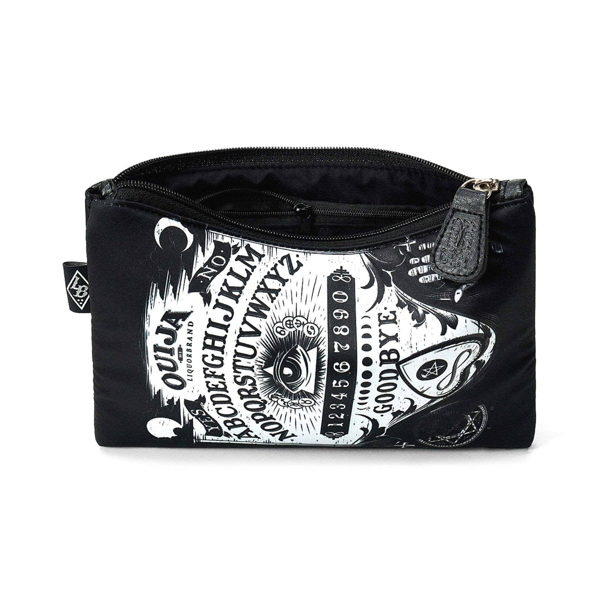  Liquorbrand Ouija makeup bag open - showing black lining and zip pocket