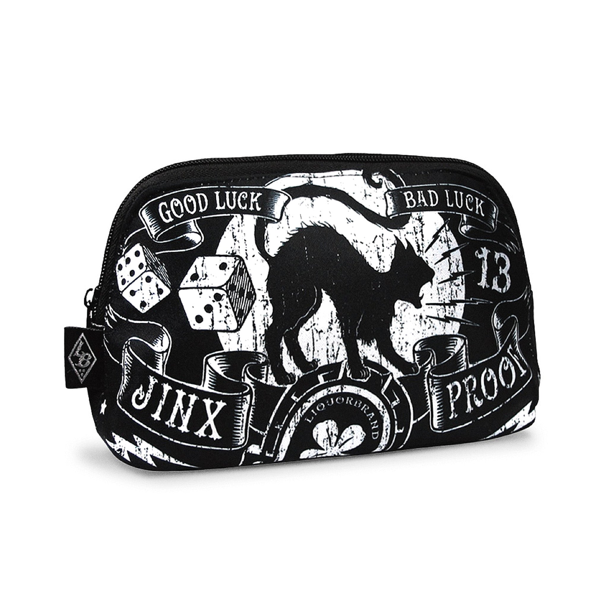  Liquorbrand rockabilly makeup bag with black cat and lucky symbols design