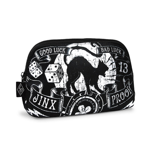 Neceser rockabilly para maquillaje con diseño de gato negro y símbolos de la suerte de la marca Liquorbrand