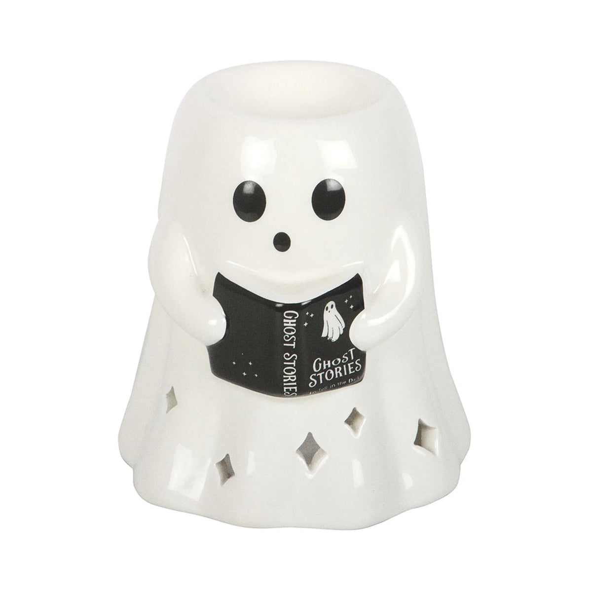 Quemador de aceites esenciales en forma de fantasma leyendo un libro estilo spooky halloween vista frontal sobre fondo blanco.