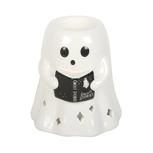 Quemador de aceites esenciales en forma de fantasma leyendo un libro estilo spooky halloween vista frontal sobre fondo blanco.