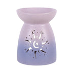 Quemador de aceite con forma clásica en color morado degradado y cut out en forma de sol estilo hippy vista frontal sobre fondo blanco.