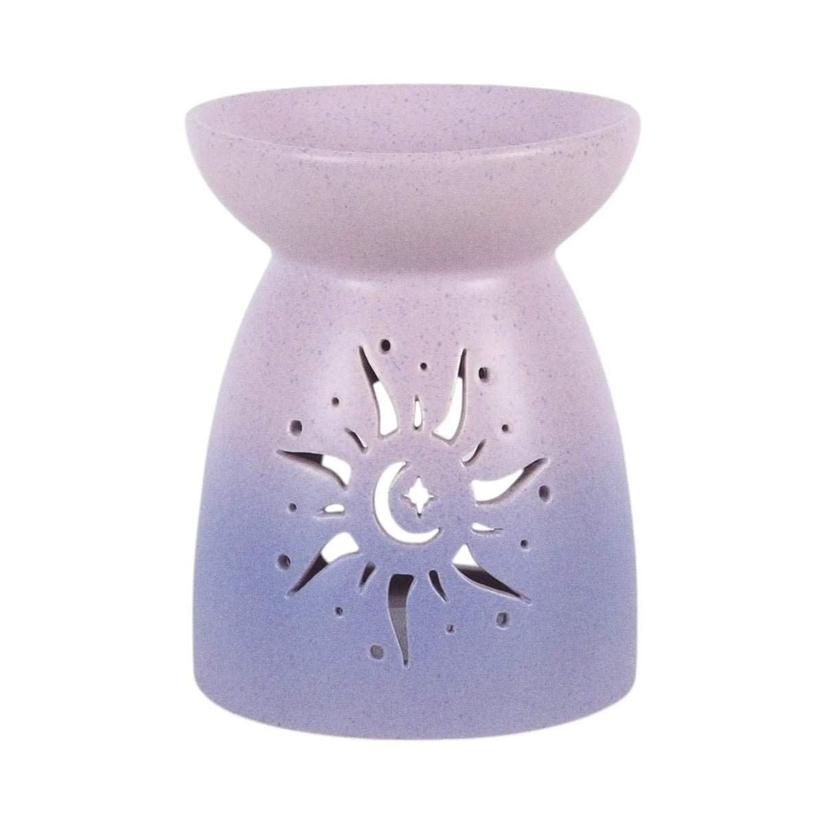 Quemador de aceite con forma clásica en color morado degradado y cut out en forma de sol estilo hippy vista frontal sobre fondo blanco.
