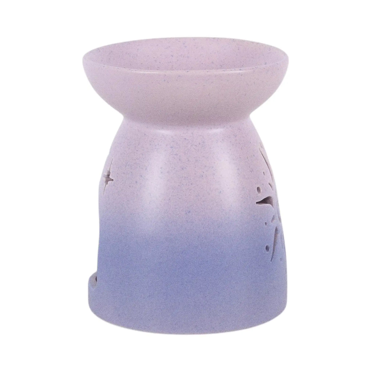 Quemador de aceite con forma clásica en color morado degradado y cut out en forma de sol estilo hippy vista lateral sobre fondo blanco.
