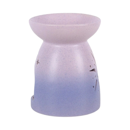 Quemador de aceite con forma clásica en color morado degradado y cut out en forma de sol estilo hippy vista lateral sobre fondo blanco.