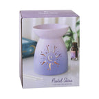 Quemador de aceite con forma clásica en color morado degradado y cut out en forma de sol estilo hippy vista en caja sobre fondo blanco.