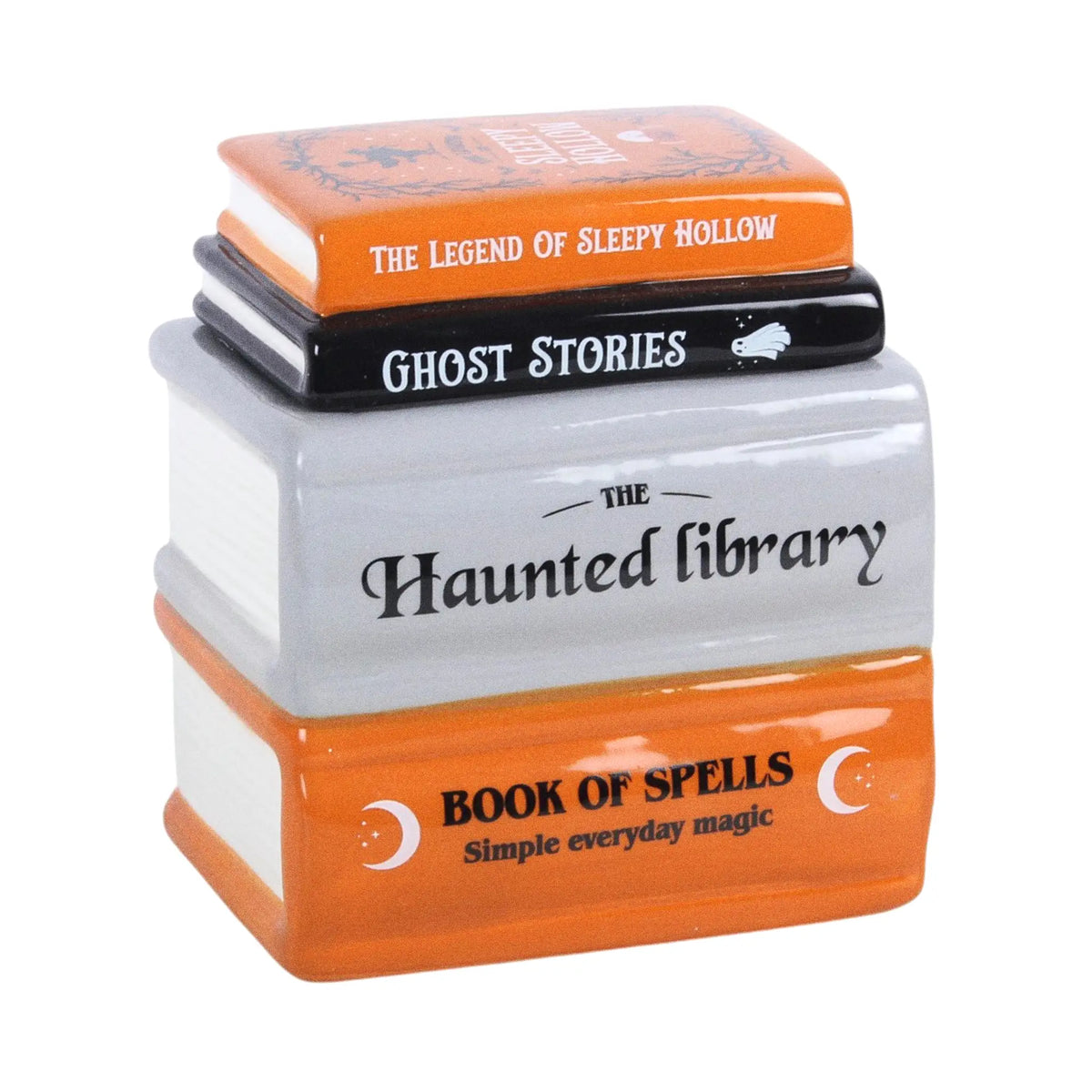 Quemador de aceite y calentador de ceras aromáticas en forma de libros apilados de estética de Halloween y Spooky en naranja, negro y gris vista ángulo sobre fondo blanco.