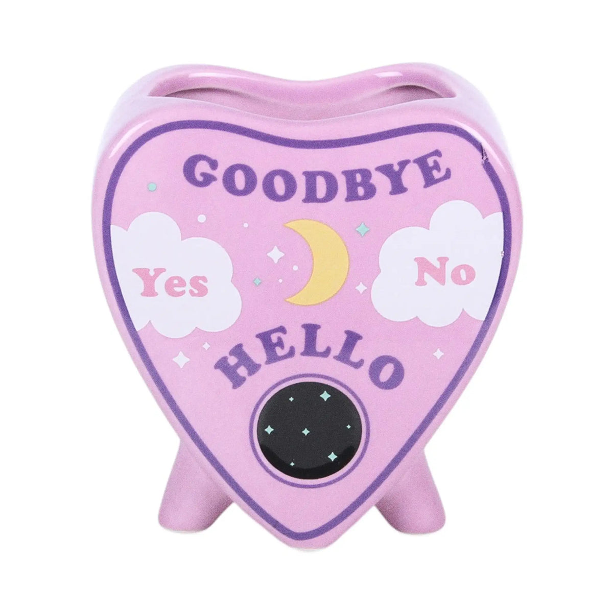 Jarrón estilo pastel goth con diseño de planchette de ouija en rosa estilo kawaii vista frontal sobre fondo blanco.