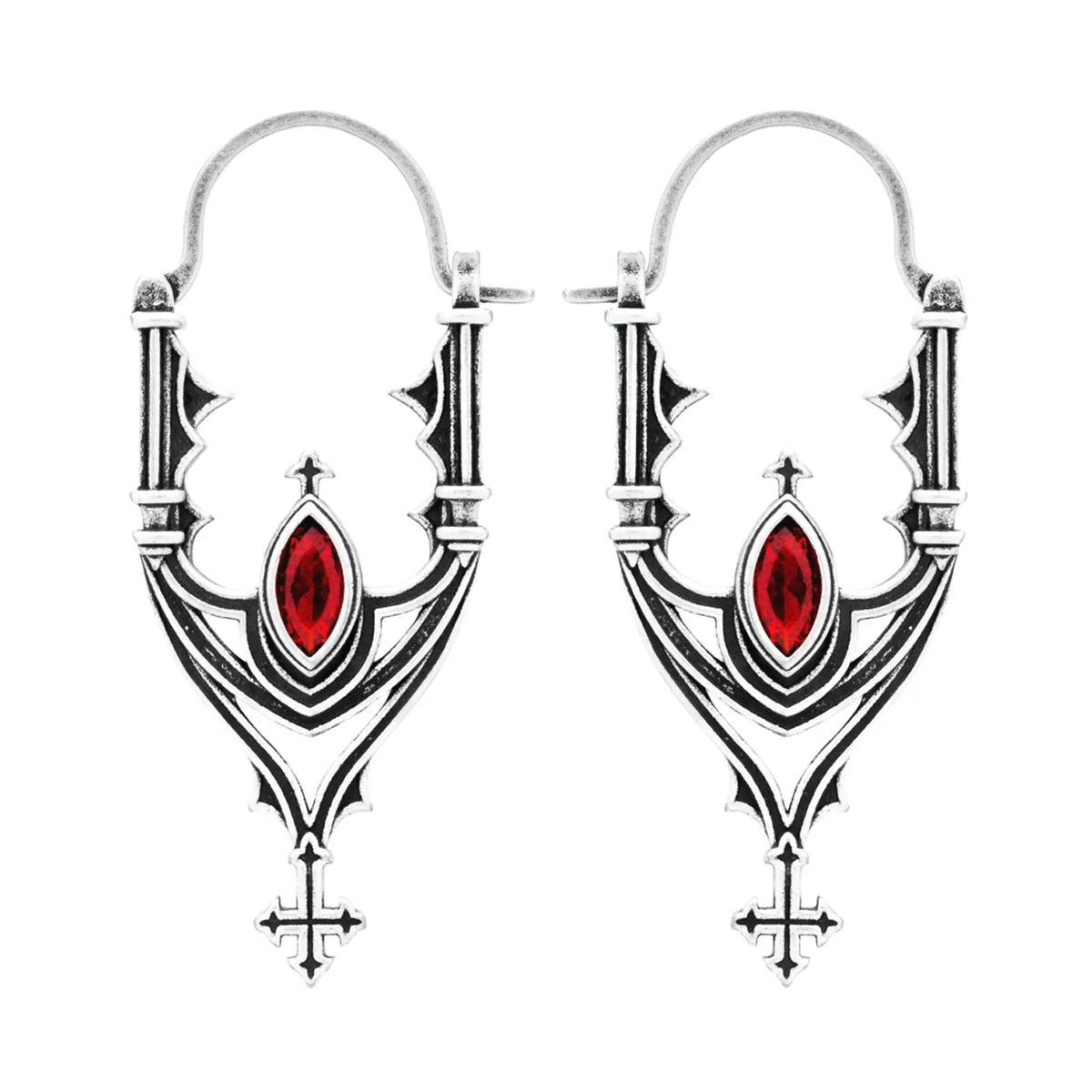 Pendientes inspirados en las catedrales góticas con cruces y piedra roja central estilo whimsigoth fabricado en latón y plata de Restlye vista detalle pendientes