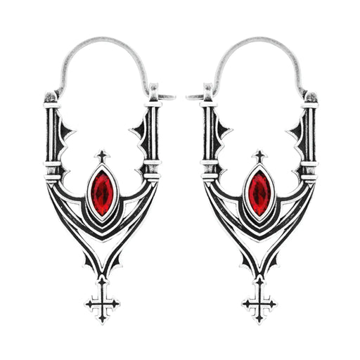 Pendientes inspirados en las catedrales góticas con cruces y piedra roja central estilo whimsigoth fabricado en latón y plata de Restlye vista detalle pendientes