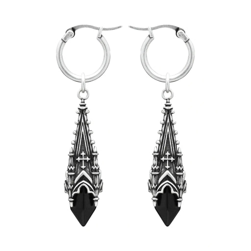 Pendientes con aro y colgante en forma de torre de catedral gótica con vidrio de cristal negro estilo witchy fabricado en latón y plata de ley de Restyle vista detalle de ambos pendientes