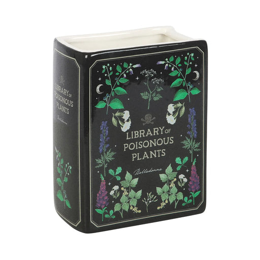 Jarrón en forma de libro estética gótica con título "Library of Poisonous Plants" aesthetic vista frontal sobre fondo blanco. 
