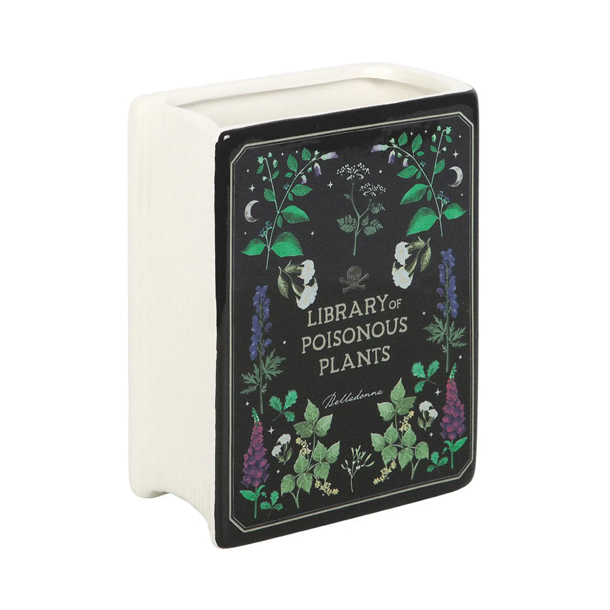 Jarrón en forma de libro estética gótica con título "Library of Poisonous Plants" aesthetic vista del costado de las páginas del libro sobre fondo blanco.